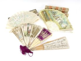 Collection of Fans including one purple leaf with lace embroidery, pierced ivory guard and sticks