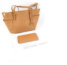 Michael Kors Jet set zip top leather tote bag in camel with matching wallet. Tag present and care