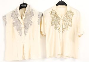 2 Vintage cream silk blouses with fine embroidery drawn thread work and cut work