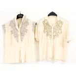 2 Vintage cream silk blouses with fine embroidery drawn thread work and cut work