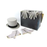 R W Forsyth Ltd of Edinburgh and Glasgow grey felt top hat marked size 7/18, grey gloves,