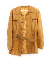 1970s Hornes Mans tan leather jacket with zipped chest pockets and side pockets, and belt to waist