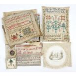 Collection of 13 Victorian unframed Samplers and other needlework items