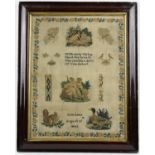 Finely embroidered Pictorial Sampler depicting figures in landscape and floral and fauna dated 1843