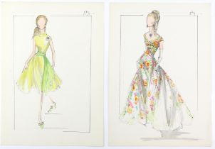 Sir Norman Hartnell (1901-1979). Two 1970s fashion illustrations in watercolour, pen and pencil-