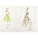 Sir Norman Hartnell (1901-1979). Two 1970s fashion illustrations in watercolour, pen and pencil-