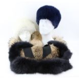 Collection of faux fur hats to include 2 Luke Pelli hats blue and cream, 3 wraps and a tan bobble