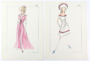 Sir Norman Hartnell (1901-1979). Two original 1970s fashion illustrations in watercolour pen and