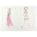 Sir Norman Hartnell (1901-1979). Two original 1970s fashion illustrations in watercolour pen and
