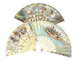 Early 19th fan the leaf printed and colour highlighted with bone pieced and gilt highlighted guard,