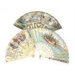 Early 19th fan the leaf printed and colour highlighted with bone pieced and gilt highlighted guard,