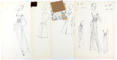 Sir Norman Hartnell (1901-1979). Four mixed media to include pen and pencil Monogram fashion