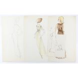 Sir Norman Hartnell (1901-1979). Three original fashion illustrations. One in watercolour with