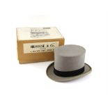 Grey top hat by Hilhouse & Co. embossed with the initials RCDJ (Robert Christmas Dewar Jenkins