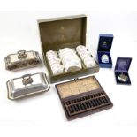 Royal Worcester Marissa coffee set, boxed, together with a boxed Halcyon Days enamel music box,
