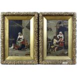 Nineteenth-century European School, pair of oil on canvas scenes in a farmyard and tavern. Framed.