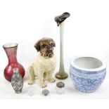 Blue & white 20th century oriental decorated bowl, modern china large dog, mixed glassware