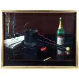 Still life of a top hat, scarf, cane, cigar, champagne and streamers, oil on canvas,