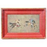 Three Chinese embroideries, album of cigarette cards, and a framed print