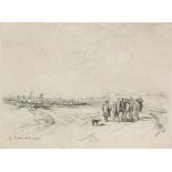 Etching after G. Morland, landscape with sheep and shepherds. Image size 17 x 23cm.