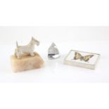 Spink and Son encased butterfly silver desk paperweight/ornament, London 1903, a painted dog