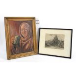 Oil on board portrait of a monk, image size 30.5 x 22cm, with framed twentieth-century Parisian