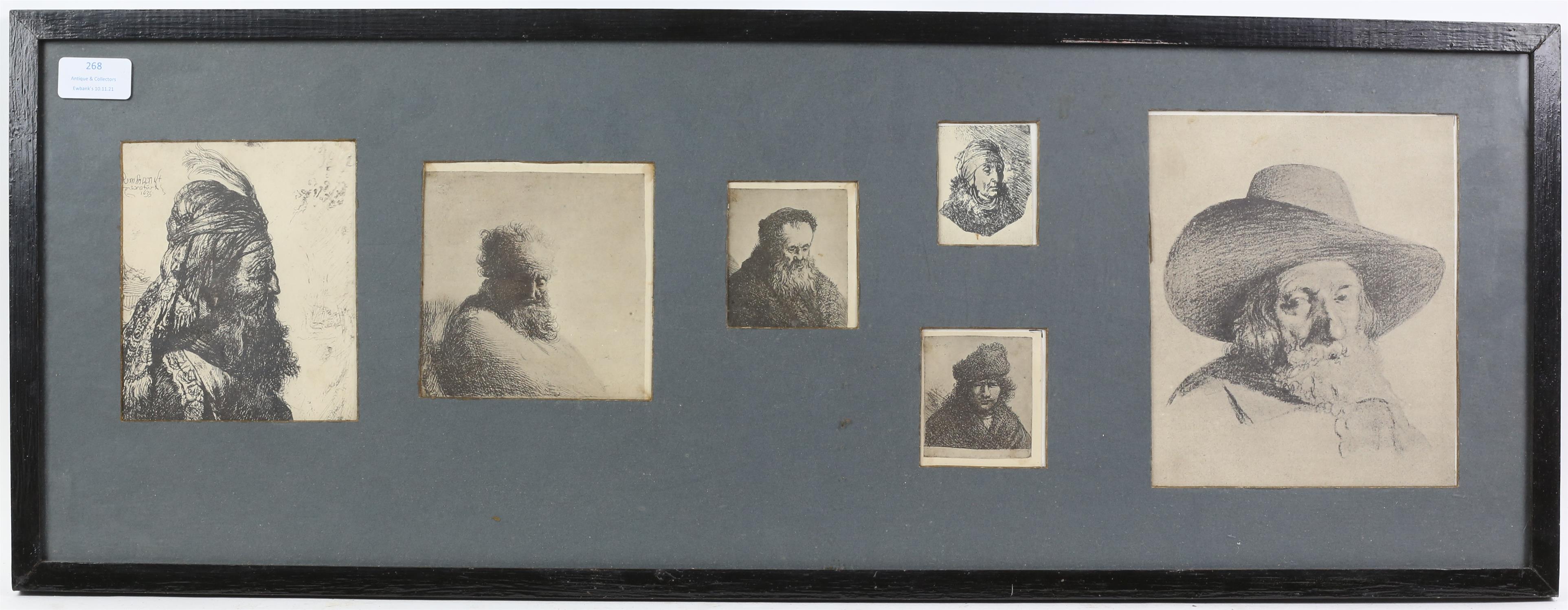 Set of prints after Rembrandt van Rijn, framed and glazed. Frame size 30.5 x 81cm.