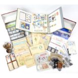 Collection of First Day Covers, loose stamps, cigarette cards, commemorative coins and coins from