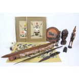 Collection of modern Tribal carved wooden figures, paintings, and other items, to include an oil