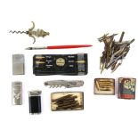 Tin containing calligraphy nibs, lighters and corkscrews, including 3 14ct gold plate Osmiroid pens,