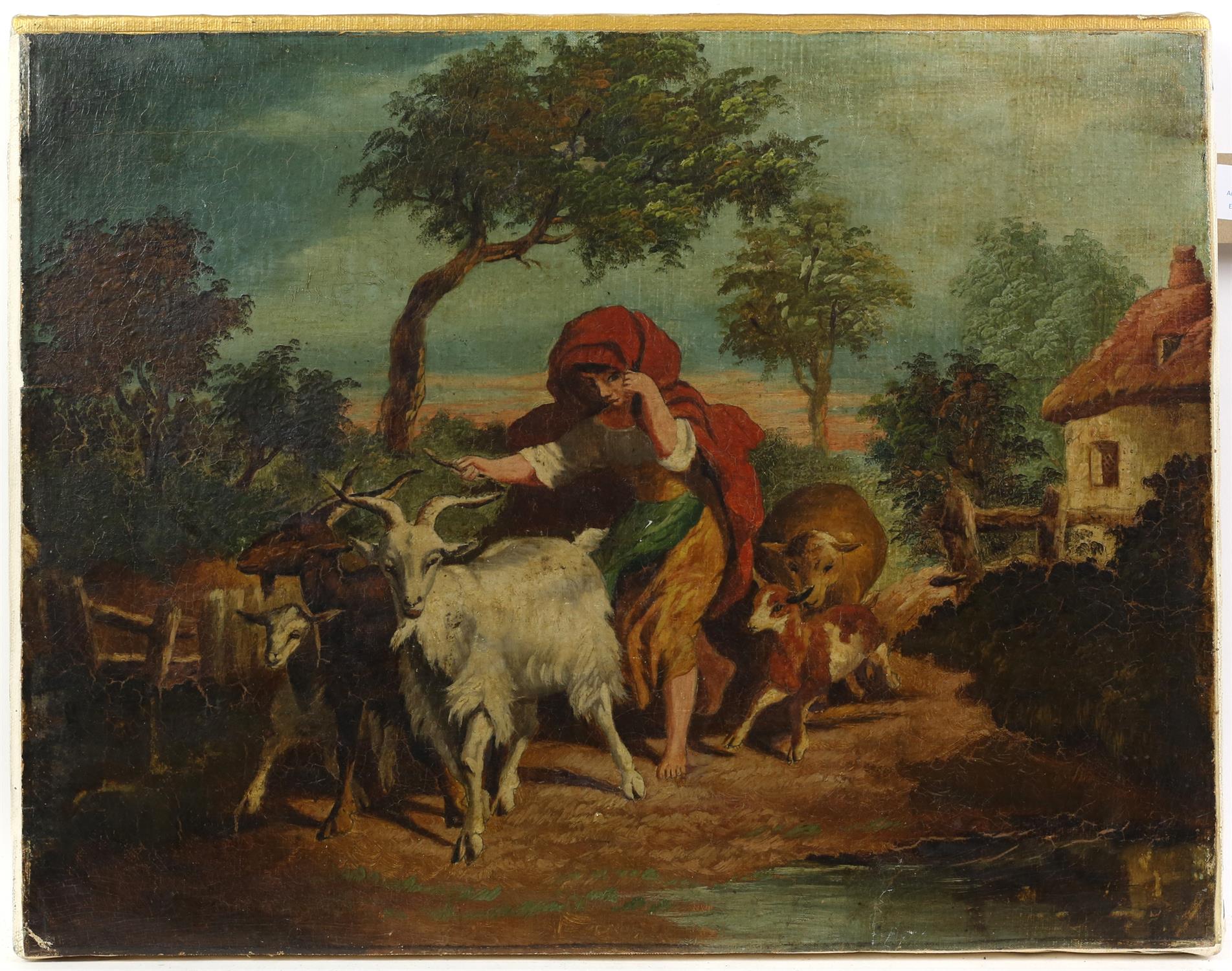 European school, shepherdess with farm animals. Oleograph. Image size 35 x 46cm.