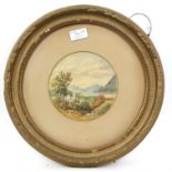Collection of paintings and prints to include circular watercolour depicting a landscape with