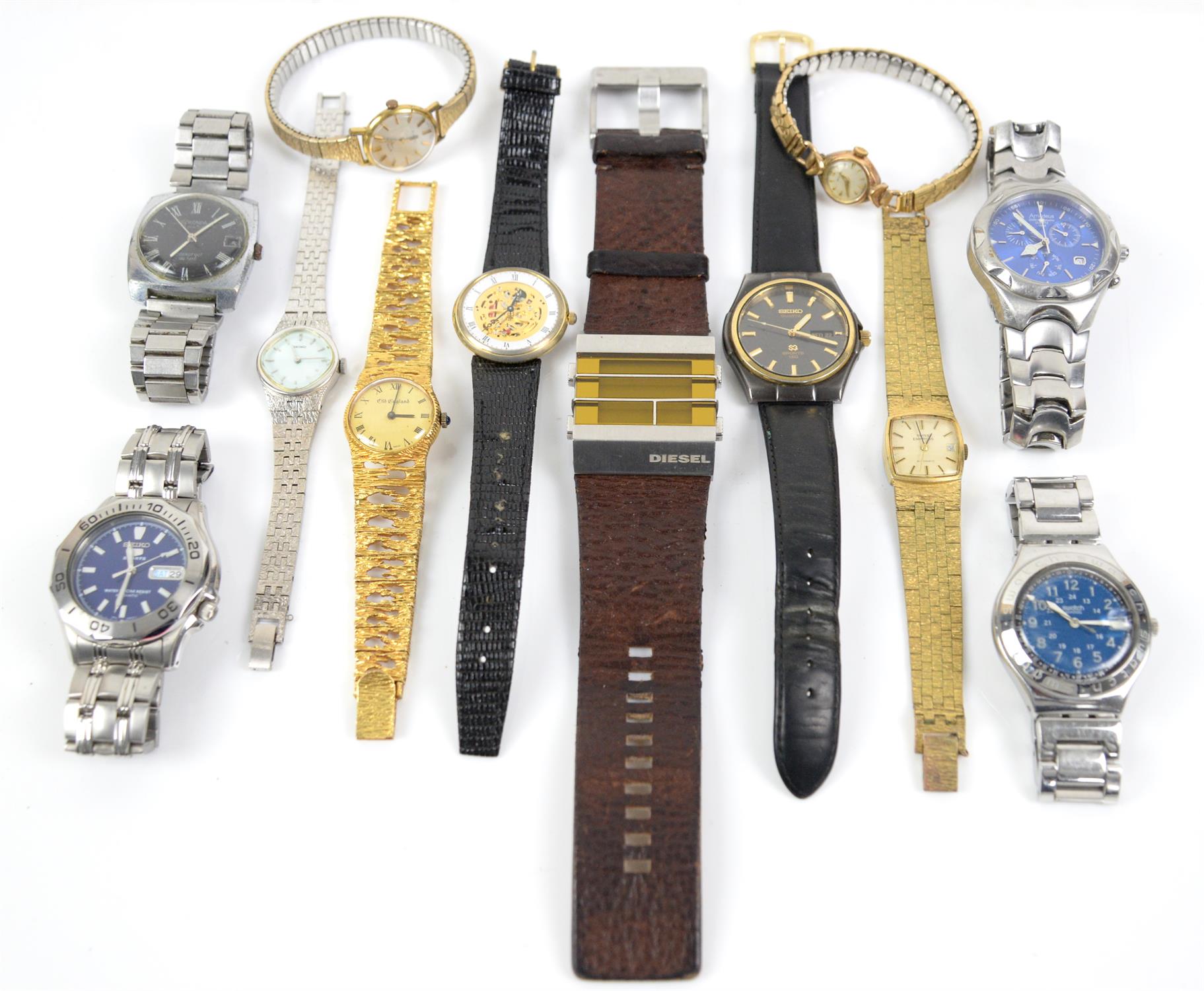 A group of twelve watches, including a Seiko 5 sports automatic watch, a Seiko Sports 150 quartz