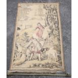 Pair of machine tapestry pastoral wall hangings with brass poles, 192cm x 123cm