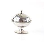 Victorian silver bowl with lid for holding used or new matches, with a cherub form handle,