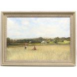 20th century British School, landscape with figures to foreground. Oil on canvas. Framed.