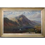 Highland landscape with cattle to foreground. Oil on canvas. Framed. Image size 61 x 102cm.