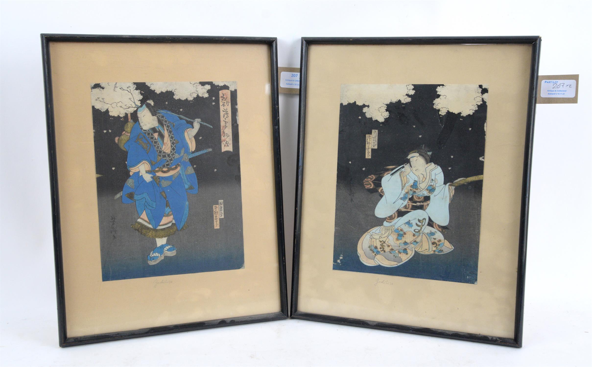 Pair of Japanese ukiyo-e prints, both captioned 'Yoshiro' in pencil to margin. Framed and glazed.