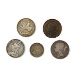 A collection of five coins comprising a florin 1883 in worn fair condition, a crown 1889 in about