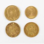 Four gold coins comprising a French 20 francs 1859 mm BB, a French 20 francs 1898 mm A,