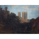 Peter de Wint (British, 1784-1849), Lincoln Cathedral from Castle Moat. Oil on board. Framed.