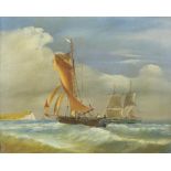 Oil on canvas maritime landscape, with two ships to the foreground. Framed. Image size 39 x 49.5cm.