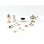 Various small silver, including cased bread knife, pepperette, mustard pot and sugar tongs,