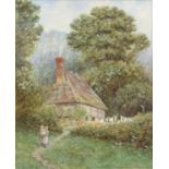 G. Trewsbury (British), mother and child in front of a cottage. Watercolour. Signed lower left.