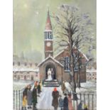 Marjorie Joy Altaras (British, twentieth century), wedding scene with church to foreground.