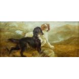 Manner of J. Langlois. Two Dogs in a Landscape. Oil on panel, unsigned. 13 x 28cm.