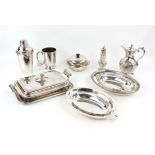 Silver plated cocktail shaker, vegetable dishes with covers, matchbox stand, sugar castor, jug, mug,