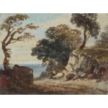 Follower of John Varley, landscape with resting traveller. Watercolour. Framed and glazed.
