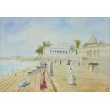 Indian watercolours, bank of the Ganges and village temple, pair, signed with monogram 16cm x 25cm