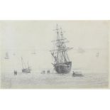 William Henry Hunt (British, 1790-1864), maritime scene with ship to foreground. Pencil drawing.